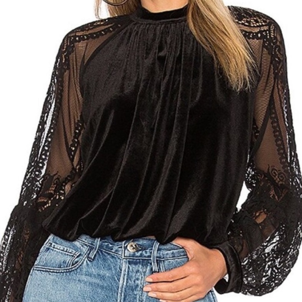 Free People Velvet & Lace Sleeve Dream Team Top Size Small